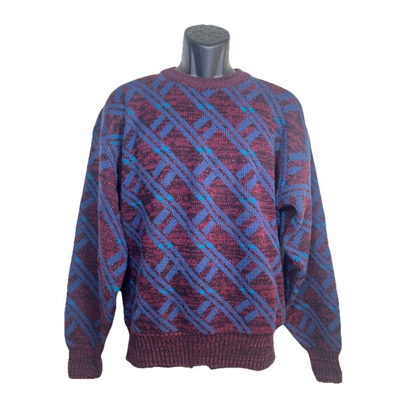 Trend Basics Vintage 90s Maroon Blue Plaid Diamond Pattern Knit Sweater Jumper - Picture 1 of 16